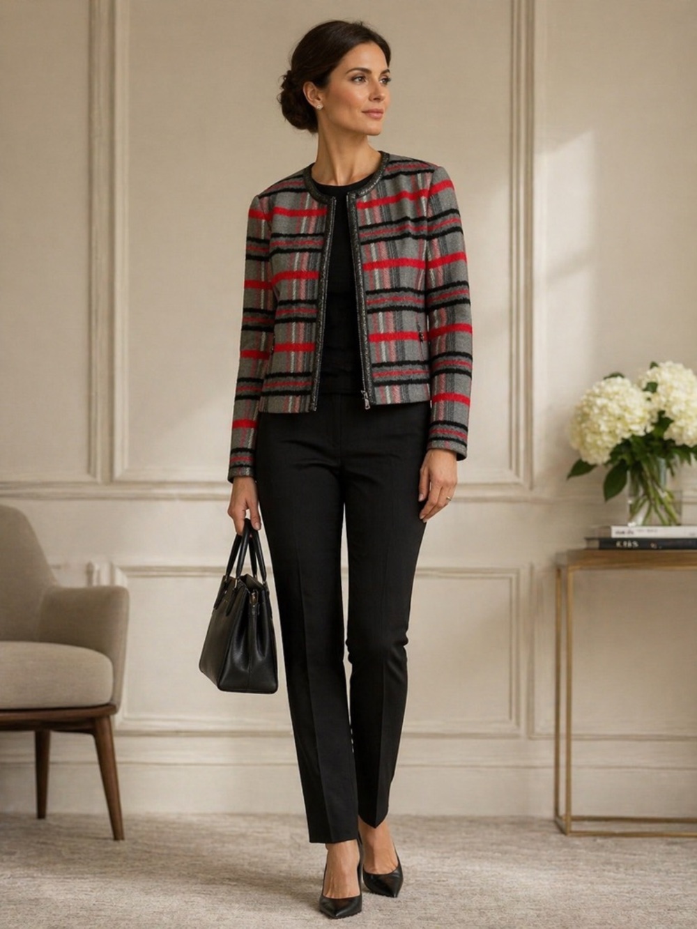 Akris Punto Wool Plaid Zip Jacket in Gray and Red Size 8
